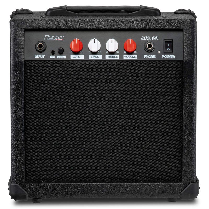 LyxPro Electric Guitar Amp 20 Watt Amplifier Built in Speaker Headphone Jack and Aux Input Includes Gain Bass Treble Volume and Grind - Black - Image 1